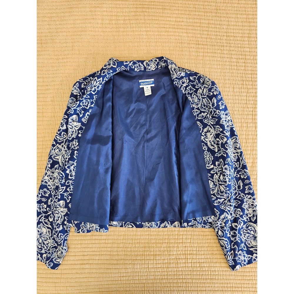 Pendleton Vintage 90s Blue Floral Cropped Blazer Jacket Shacket Lightweight - Picture 2 of 8
